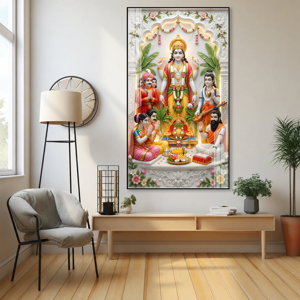 Luxury Lord Vishnu Satyanarayan Acrylic Painting for Mandir, Living Room and Spiritual Decor
