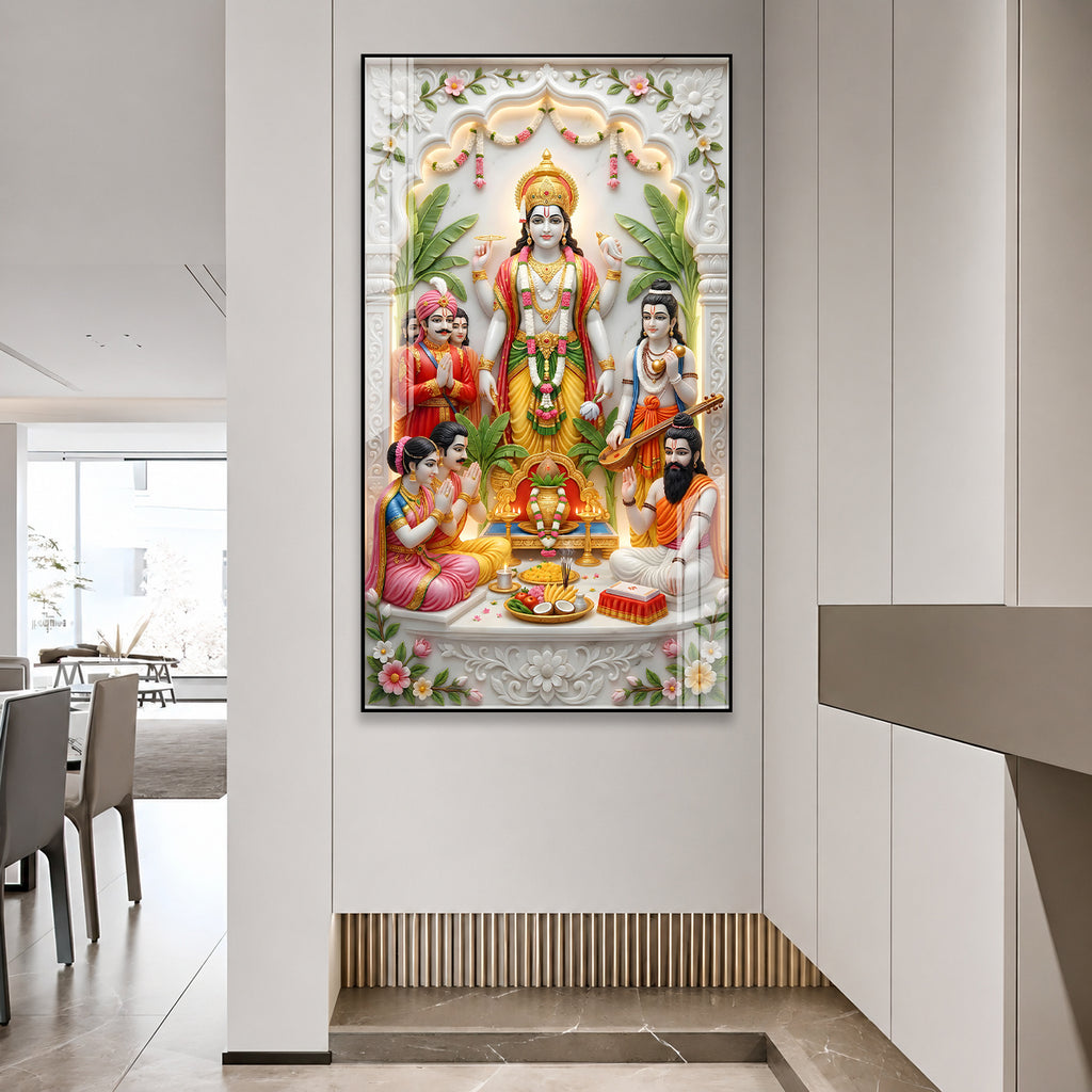 Luxury Lord Vishnu Satyanarayan Acrylic Painting for Mandir, Living Room and Spiritual Decor
