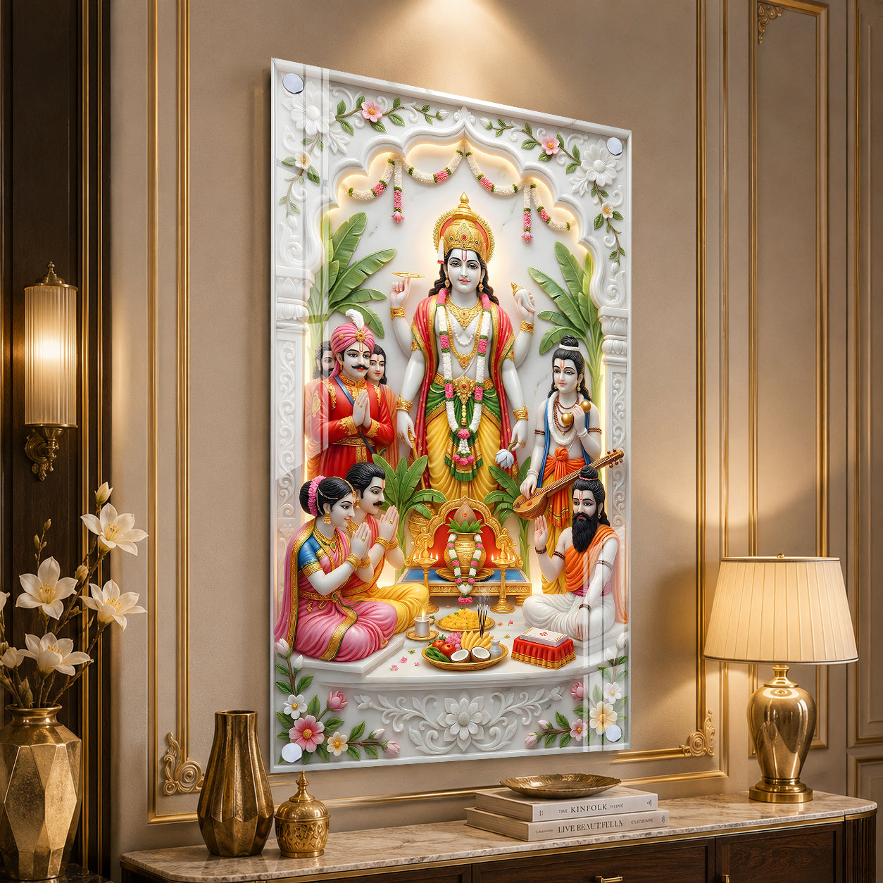 Luxury Lord Vishnu Satyanarayan Acrylic Painting for Mandir, Living Room and Spiritual Decor
