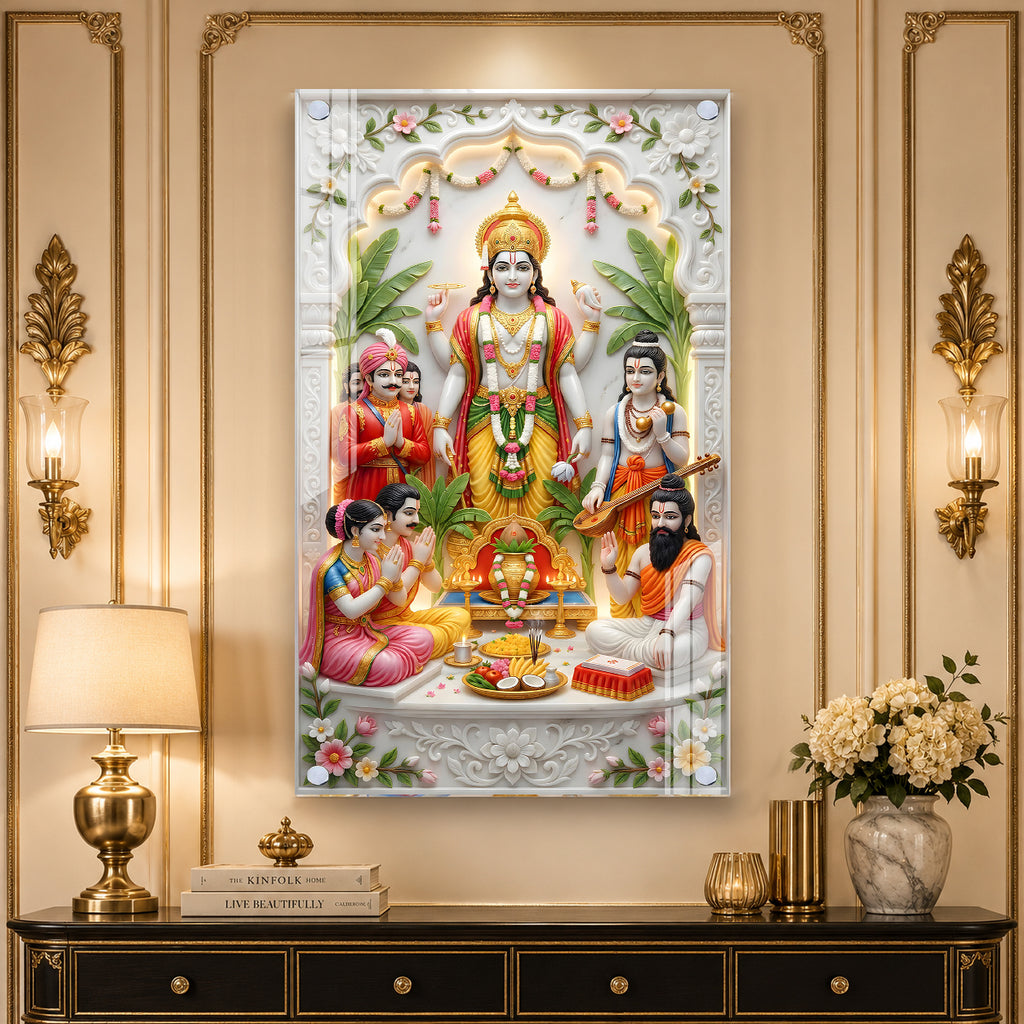 Luxury Lord Vishnu Satyanarayan Acrylic Painting for Mandir, Living Room and Spiritual Decor