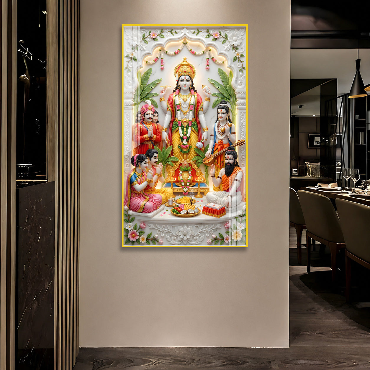 Luxury Lord Vishnu Satyanarayan Acrylic Painting for Mandir, Living Room and Spiritual Decor