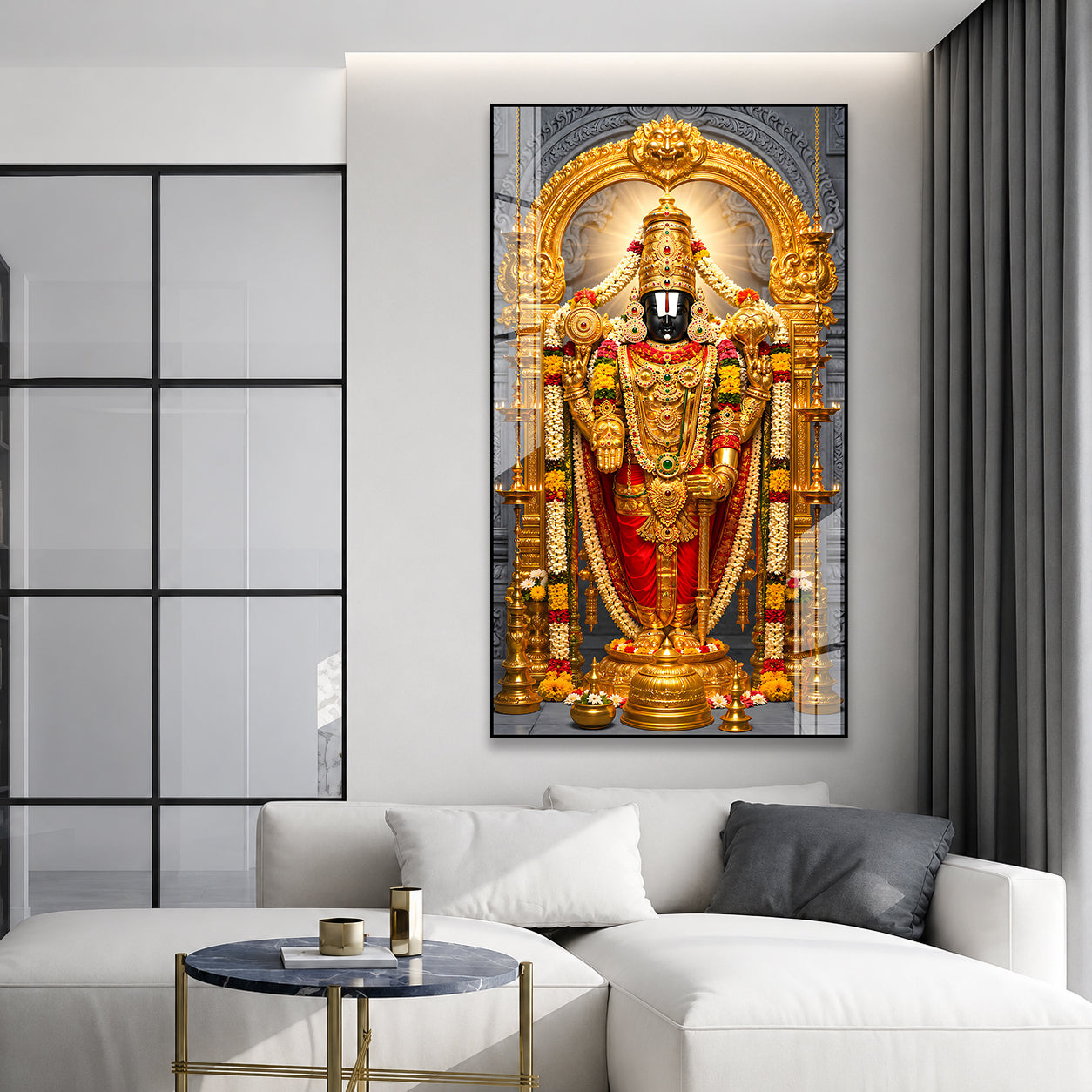 Elegant Lord Venkateswara Balaji Religious Acrylic Painting with Golden Floral Temple Design