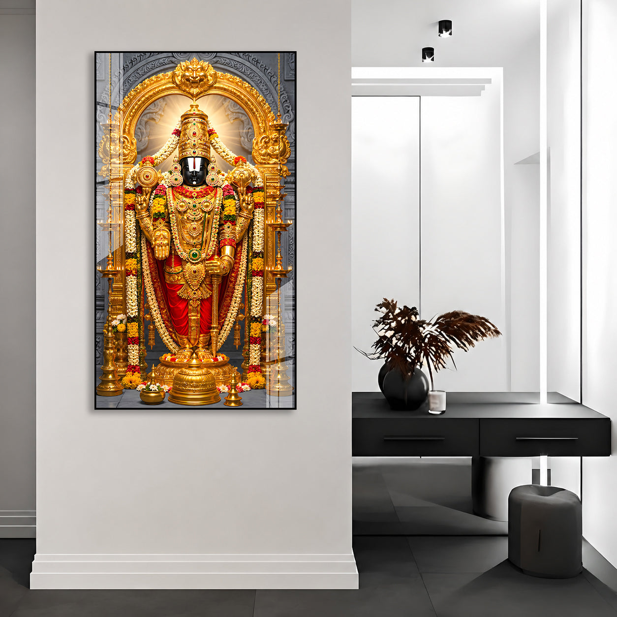 Elegant Lord Venkateswara Balaji Religious Acrylic Painting with Golden Floral Temple Design