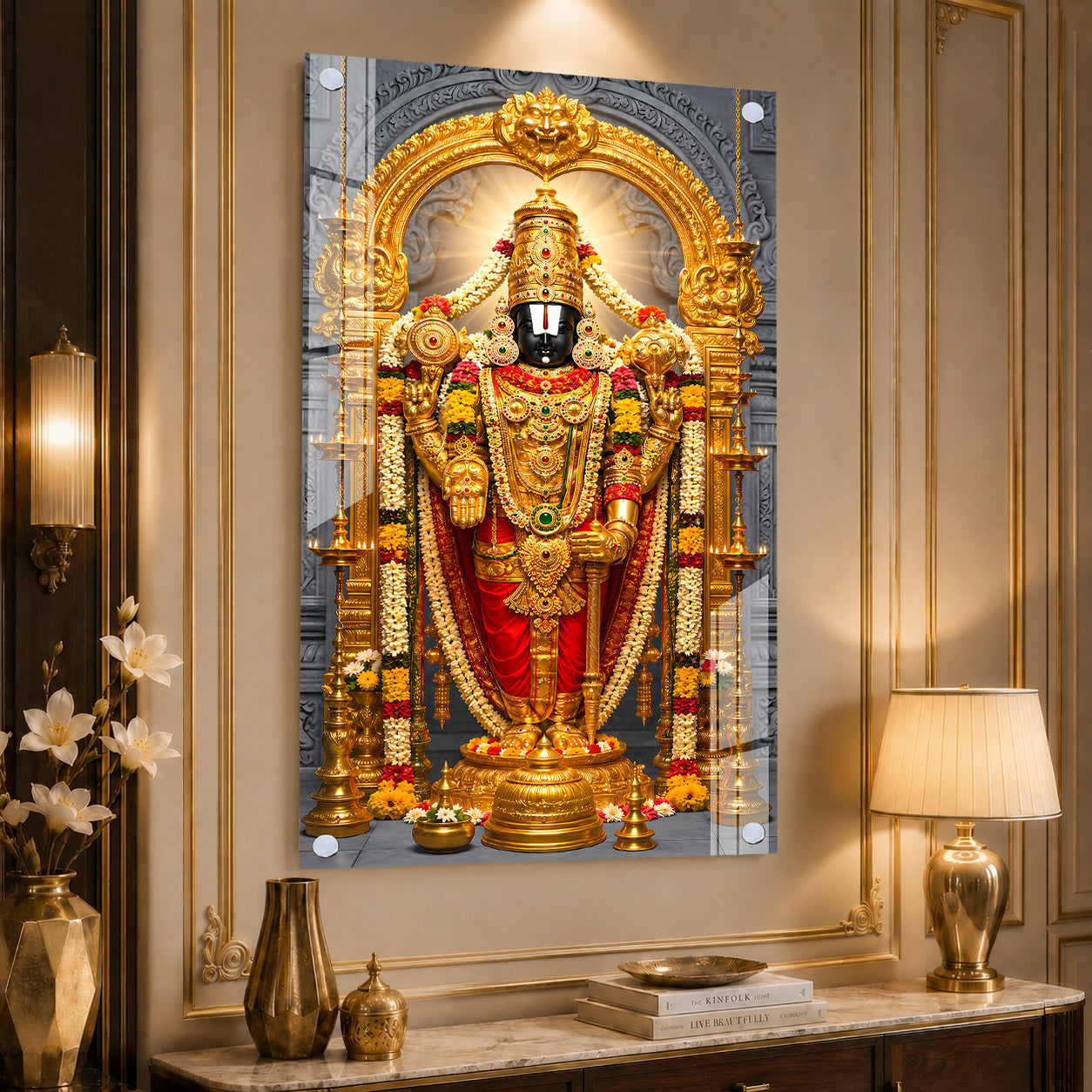 Elegant Lord Venkateswara Balaji Religious Acrylic Painting with Golden Floral Temple Design