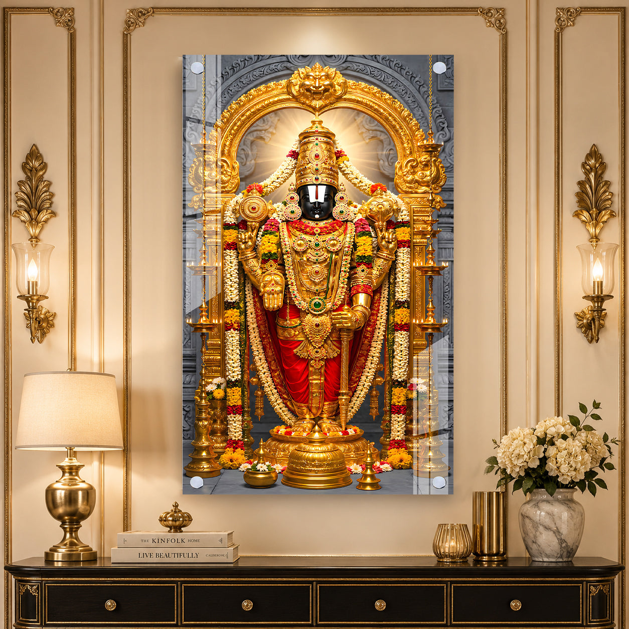 Elegant Lord Venkateswara Balaji Religious Acrylic Painting with Golden Floral Temple Design