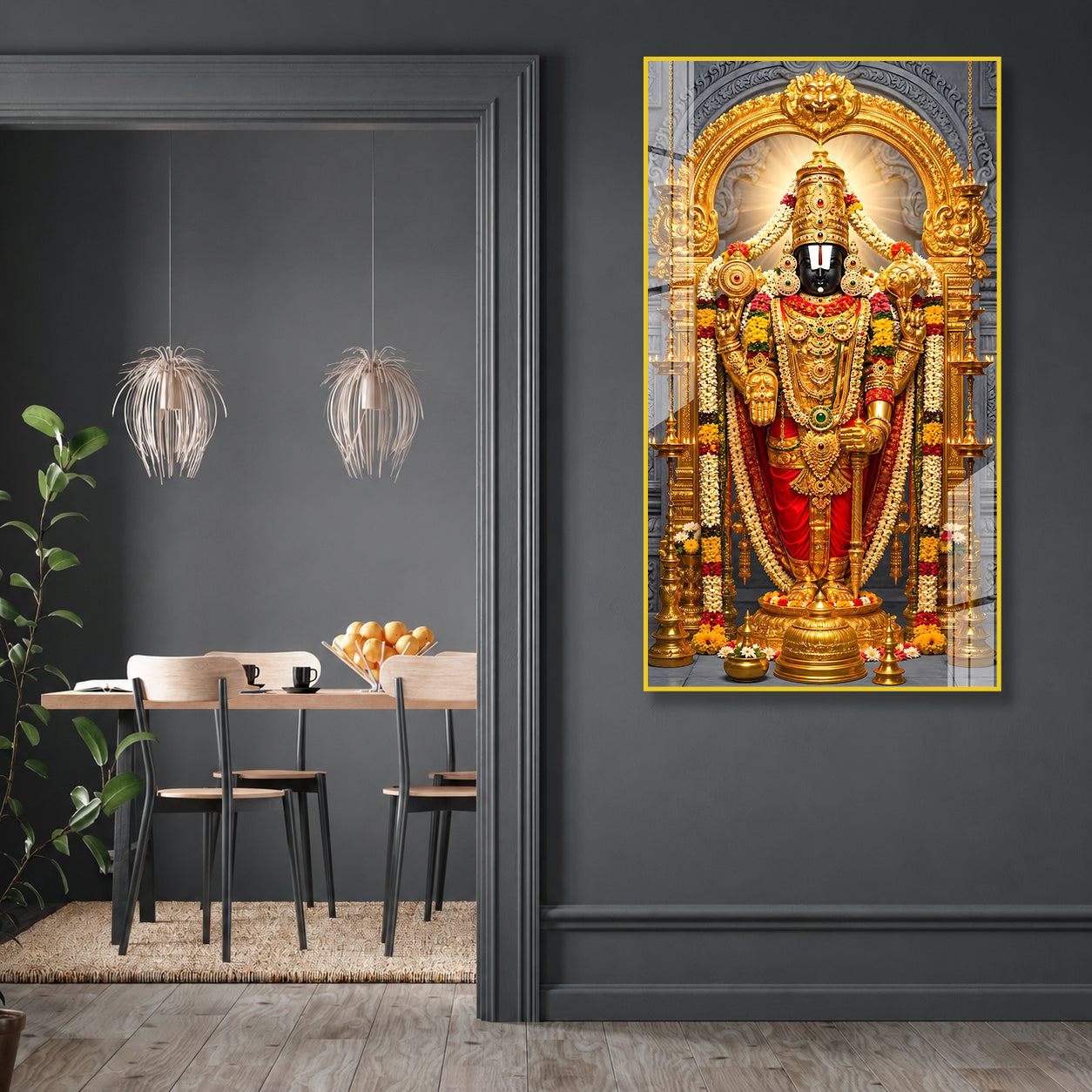 Elegant Lord Venkateswara Balaji Religious Acrylic Painting with Golden Floral Temple Design