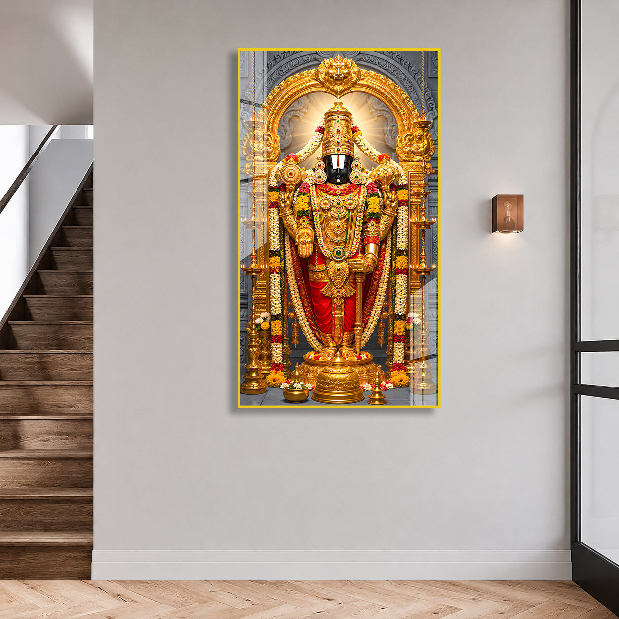 Elegant Lord Venkateswara Balaji Religious Acrylic Painting with Golden Floral Temple Design