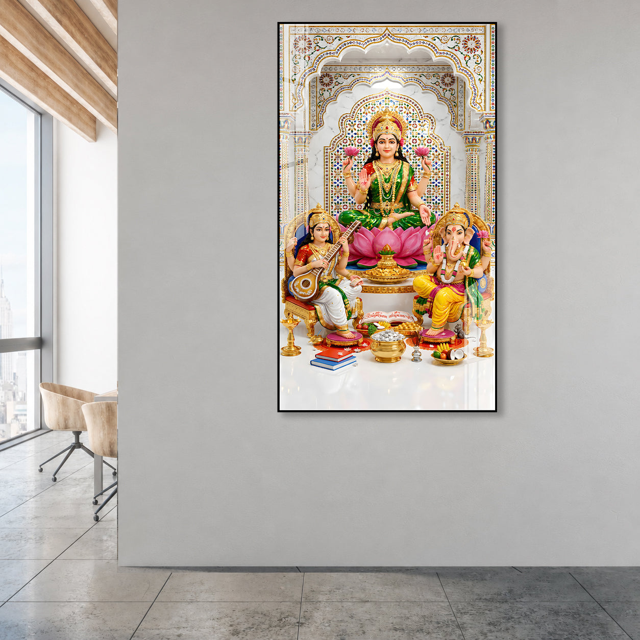 Luxury Hindu Gods Lakshmi Ganesha Saraswati Acrylic Painting with Marble Temple for Home Decoration