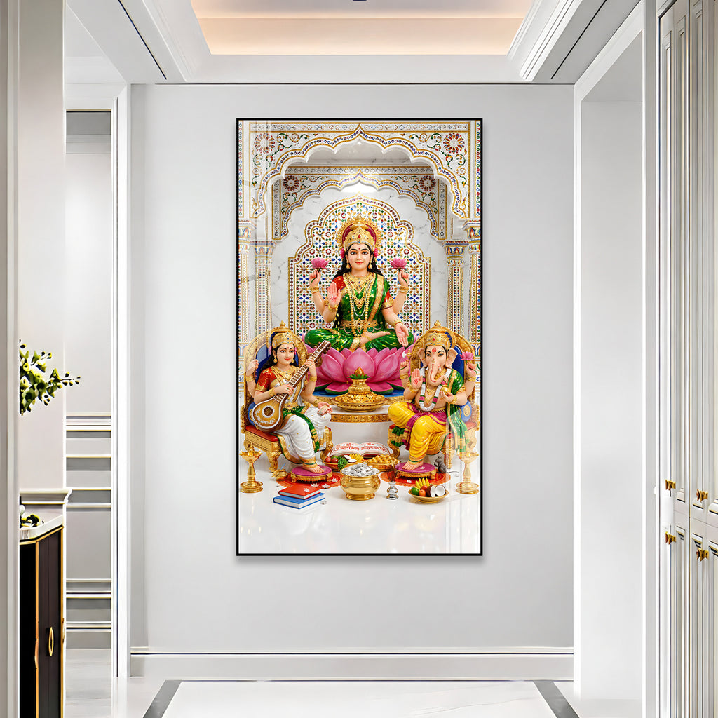 Luxury Hindu Gods Lakshmi Ganesha Saraswati Acrylic Painting with Marble Temple for Home Decoration
