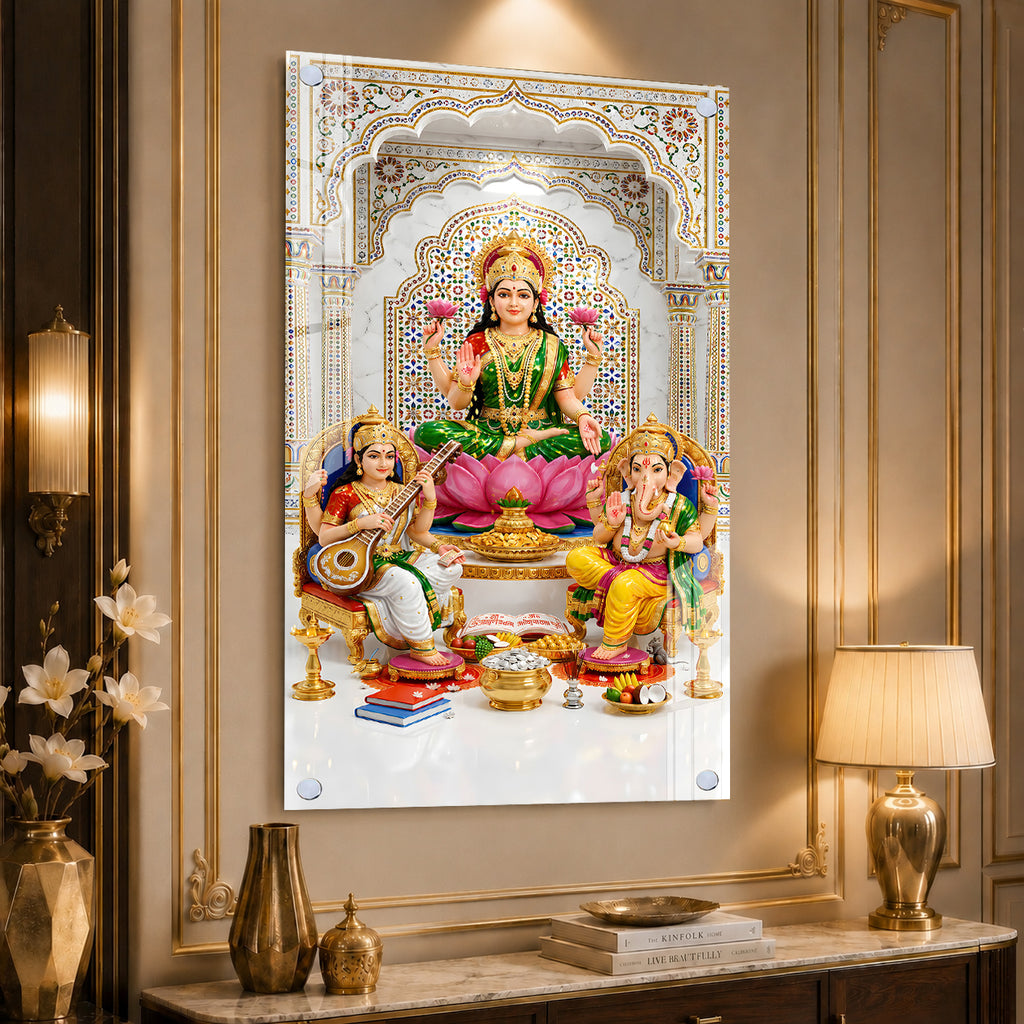 Luxury Hindu Gods Lakshmi Ganesha Saraswati Acrylic Painting with Marble Temple for Home Decoration