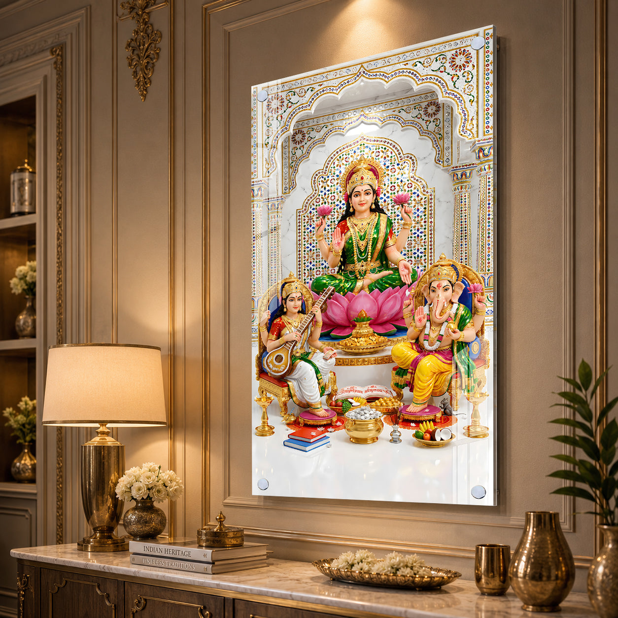 Luxury Hindu Gods Lakshmi Ganesha Saraswati Acrylic Painting with Marble Temple for Home Decoration
