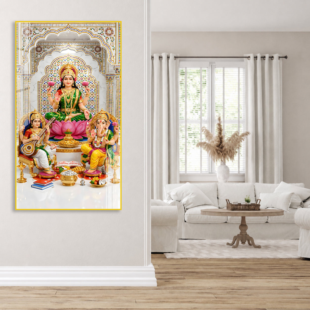 Luxury Hindu Gods Lakshmi Ganesha Saraswati Acrylic Painting with Marble Temple for Home Decoration