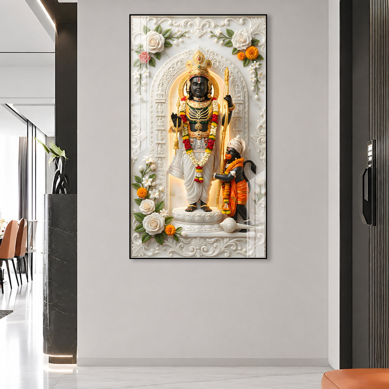 Luxury Lord Ram and Hanuman Devotional Acrylic Wall Frame with Marble Temple Design