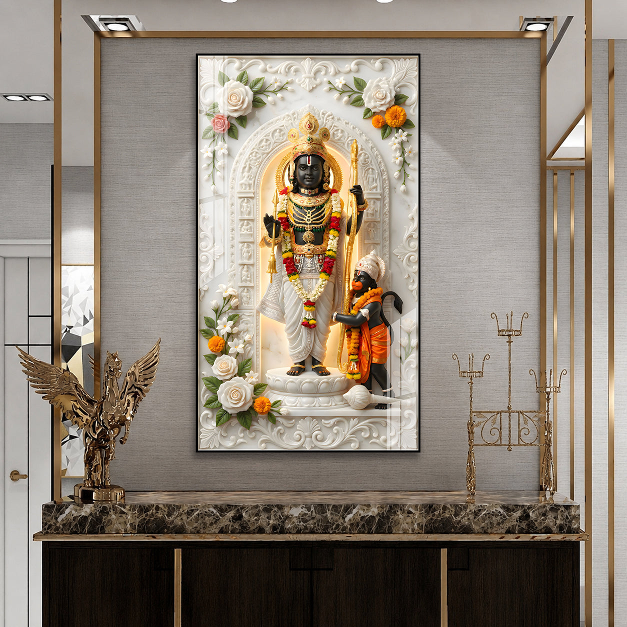 Luxury Lord Ram and Hanuman Devotional Acrylic Wall Frame with Marble Temple Design