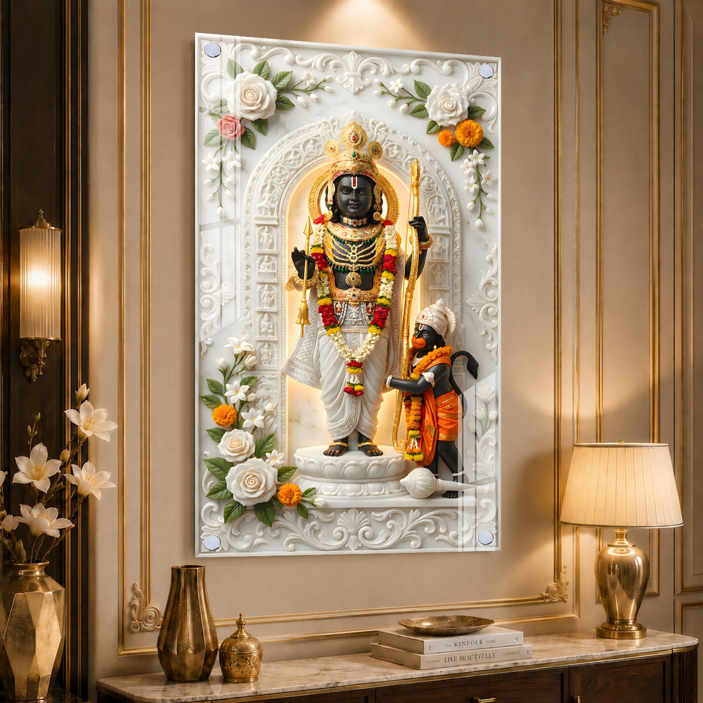 Luxury Lord Ram and Hanuman Devotional Acrylic Wall Frame with Marble Temple Design