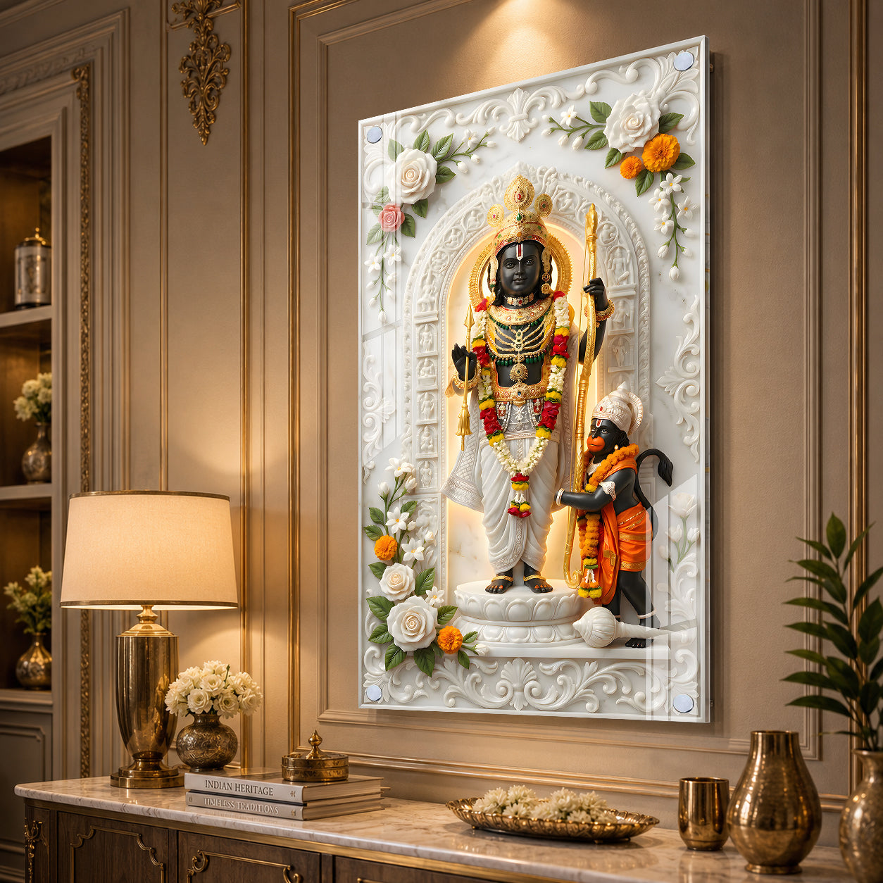 Luxury Lord Ram and Hanuman Devotional Acrylic Wall Frame with Marble Temple Design