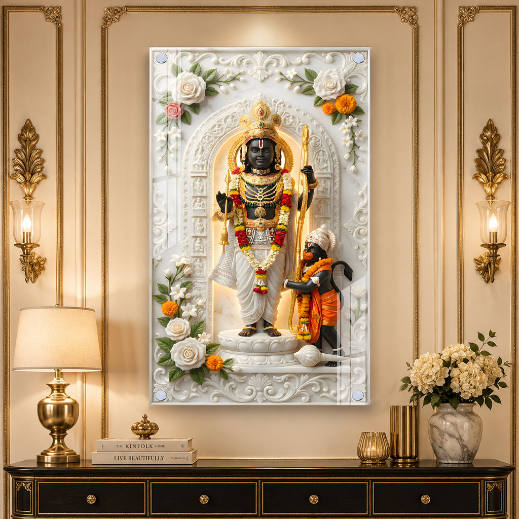 Luxury Lord Ram and Hanuman Devotional Acrylic Wall Frame with Marble Temple Design