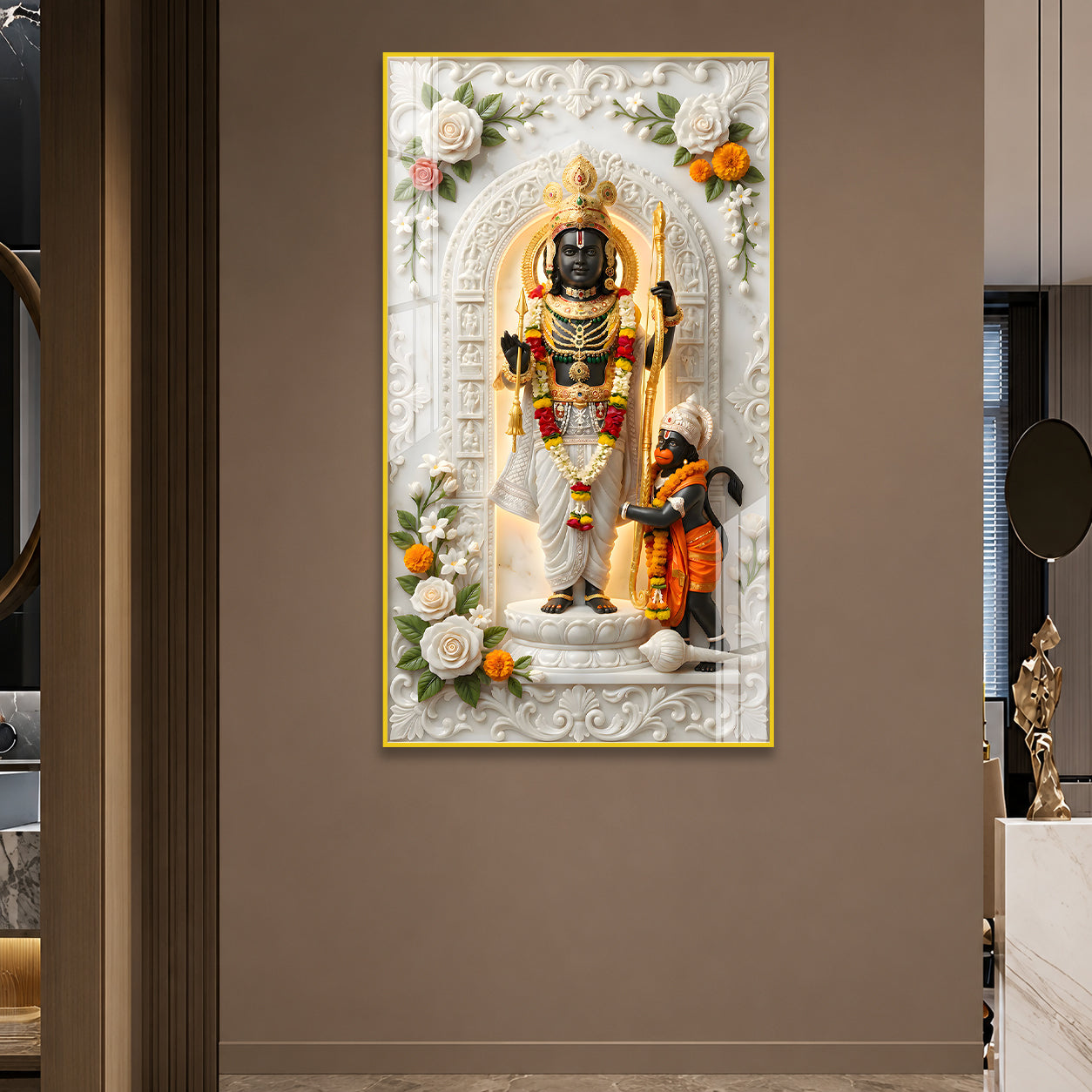 Luxury Lord Ram and Hanuman Devotional Acrylic Wall Frame with Marble Temple Design