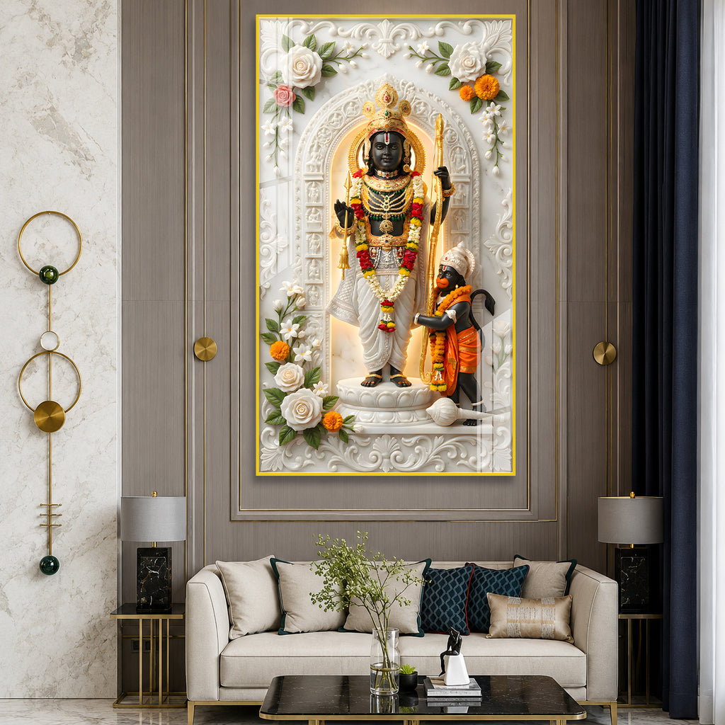 Luxury Lord Ram and Hanuman Devotional Acrylic Wall Frame with Marble Temple Design