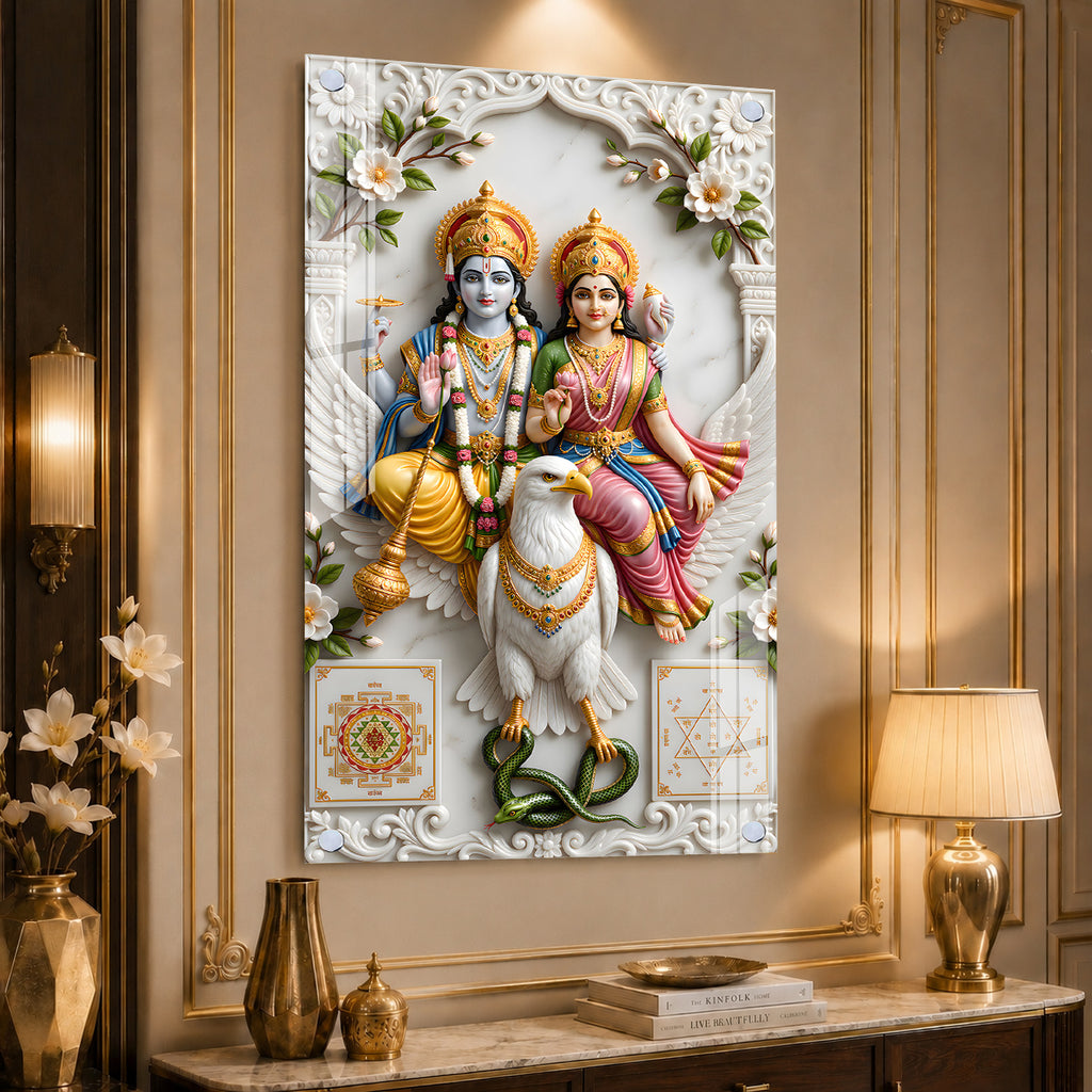 Sacred Lord Vishnu and Goddess Lakshmi on Garuda Acrylic Wall Art for Positive Energy and Prosperity