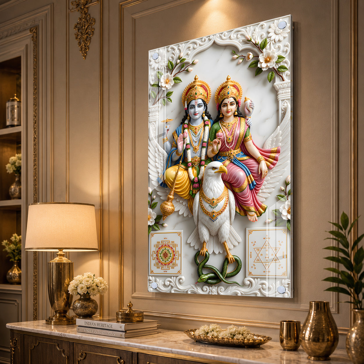 Sacred Lord Vishnu and Goddess Lakshmi on Garuda Acrylic Wall Art for Positive Energy and Prosperity