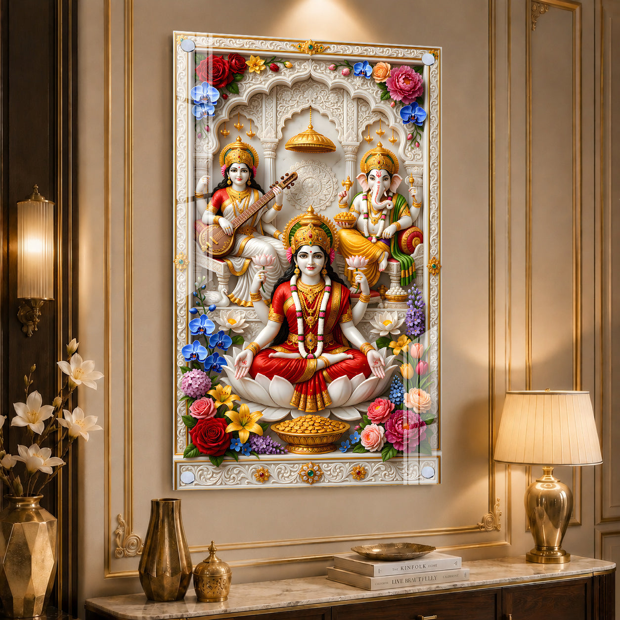 Hindu Gods Lakshmi Ganesha Saraswati Acrylic Wall Decor for Home Temple and Spiritual Interior