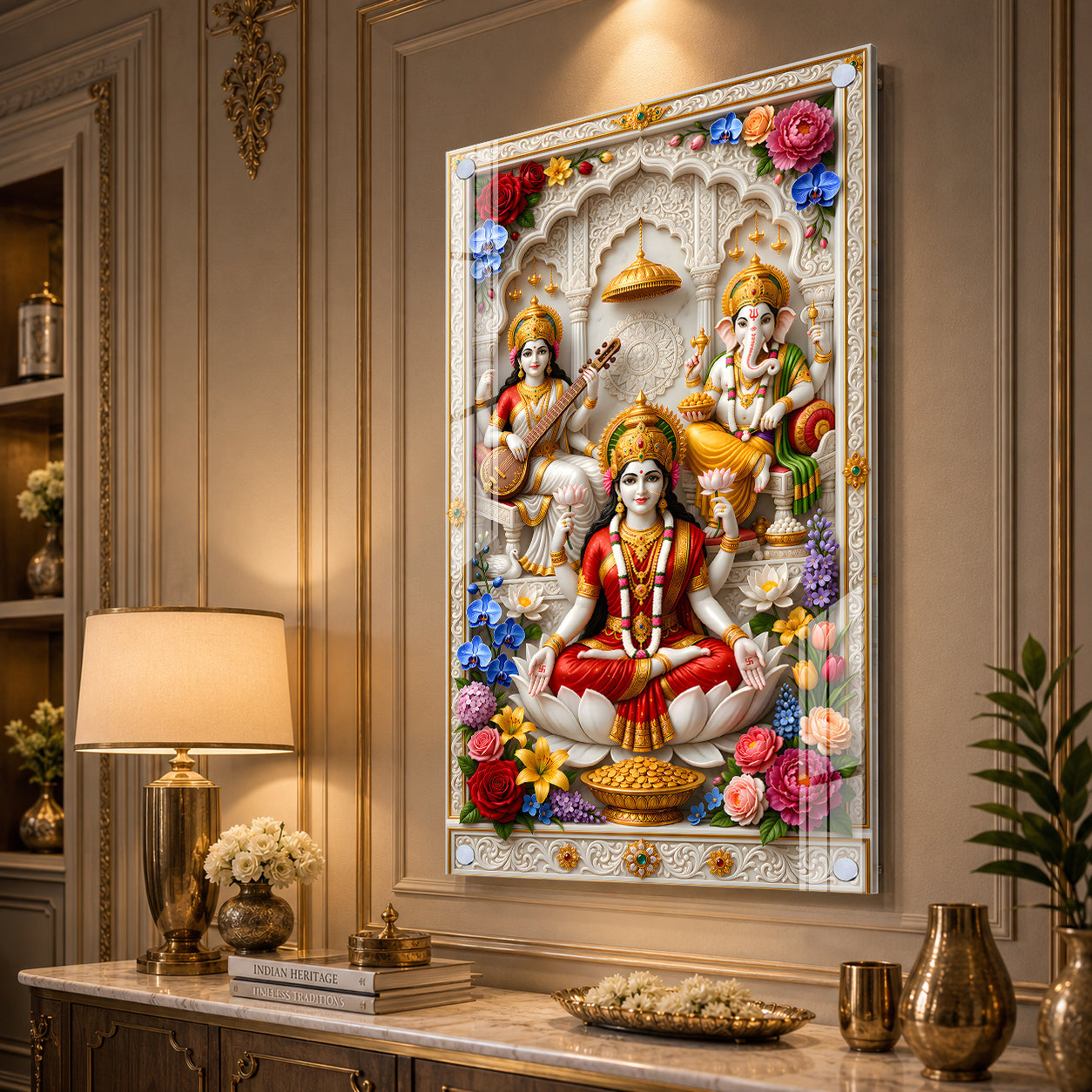 Hindu Gods Lakshmi Ganesha Saraswati Acrylic Wall Decor for Home Temple and Spiritual Interior