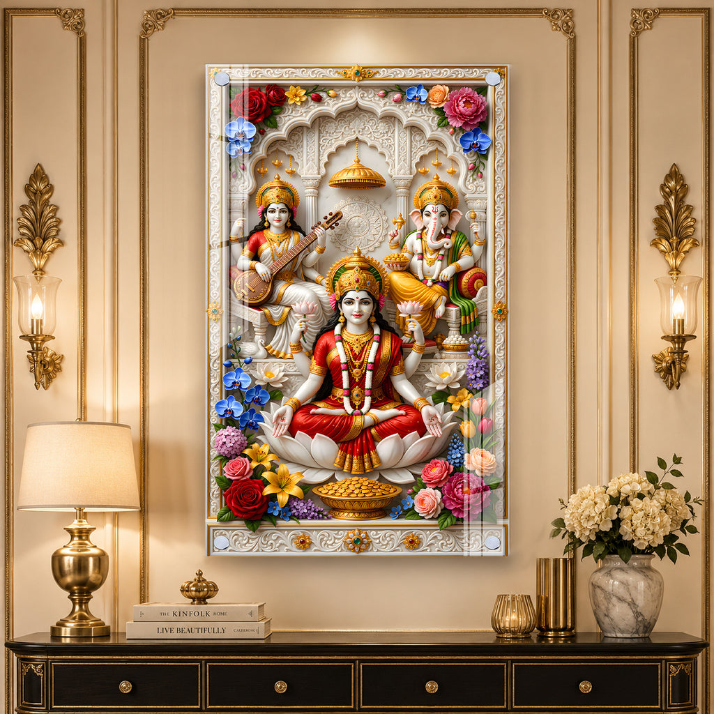 Hindu Gods Lakshmi Ganesha Saraswati Acrylic Wall Decor for Home Temple and Spiritual Interior
