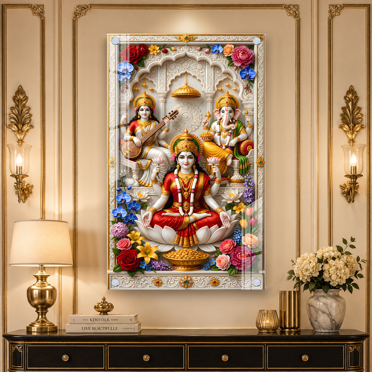 Hindu Gods Lakshmi Ganesha Saraswati Acrylic Wall Decor for Home Temple and Spiritual Interior