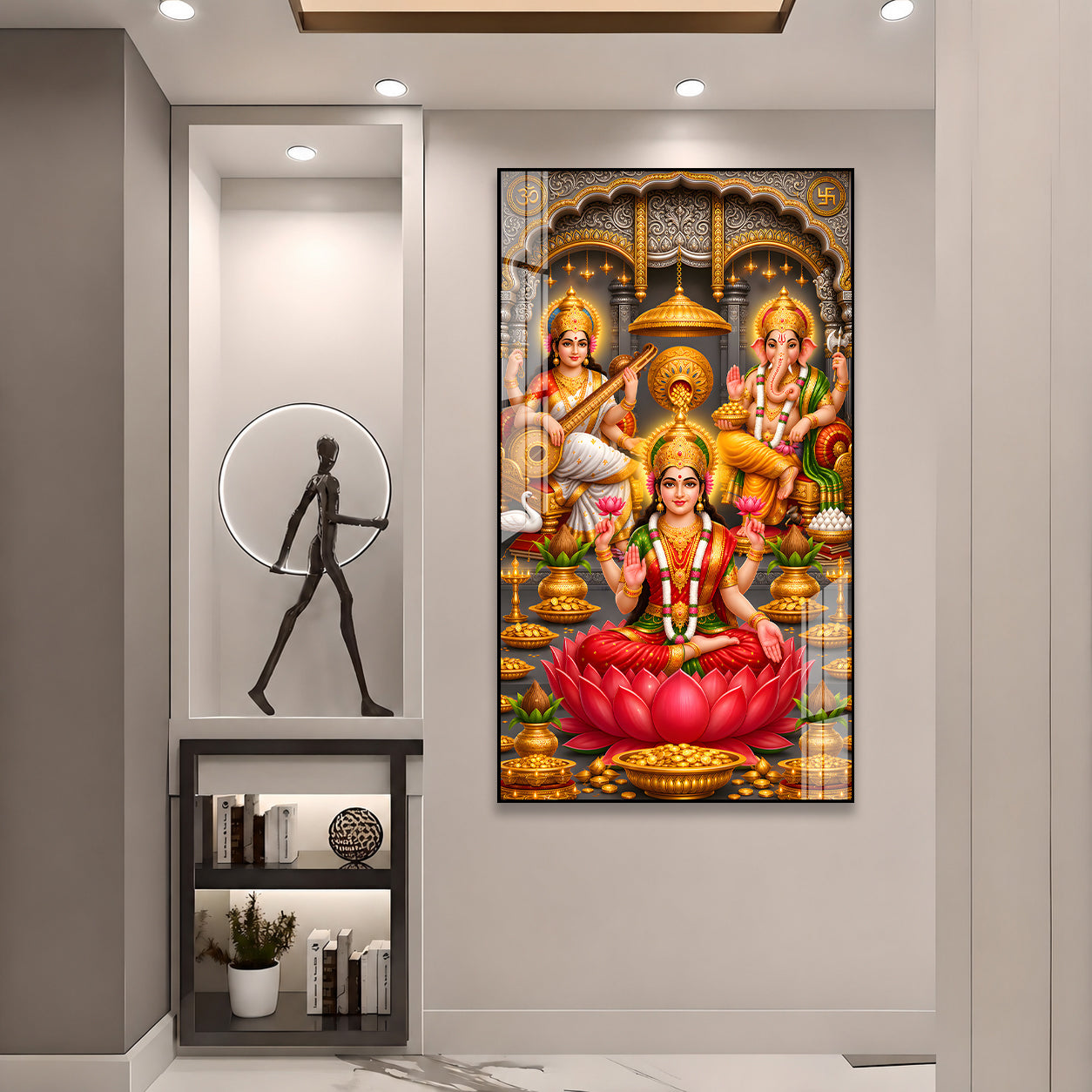 Luxury Acrylic Wall Decor Featuring Goddess Lakshmi, Lord Ganesha and Saraswati for Positive Energy Home