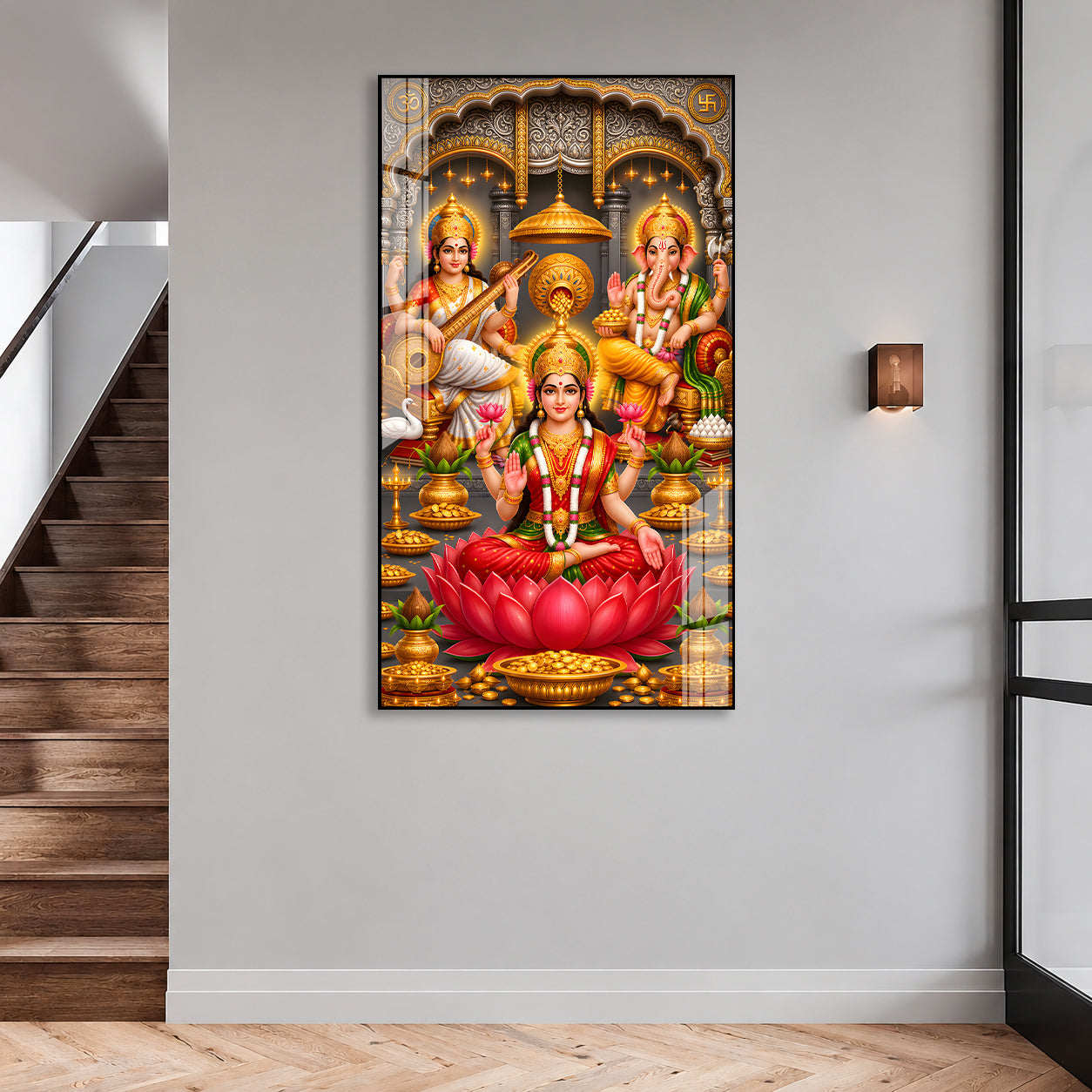 Luxury Acrylic Wall Decor Featuring Goddess Lakshmi, Lord Ganesha and Saraswati for Positive Energy Home