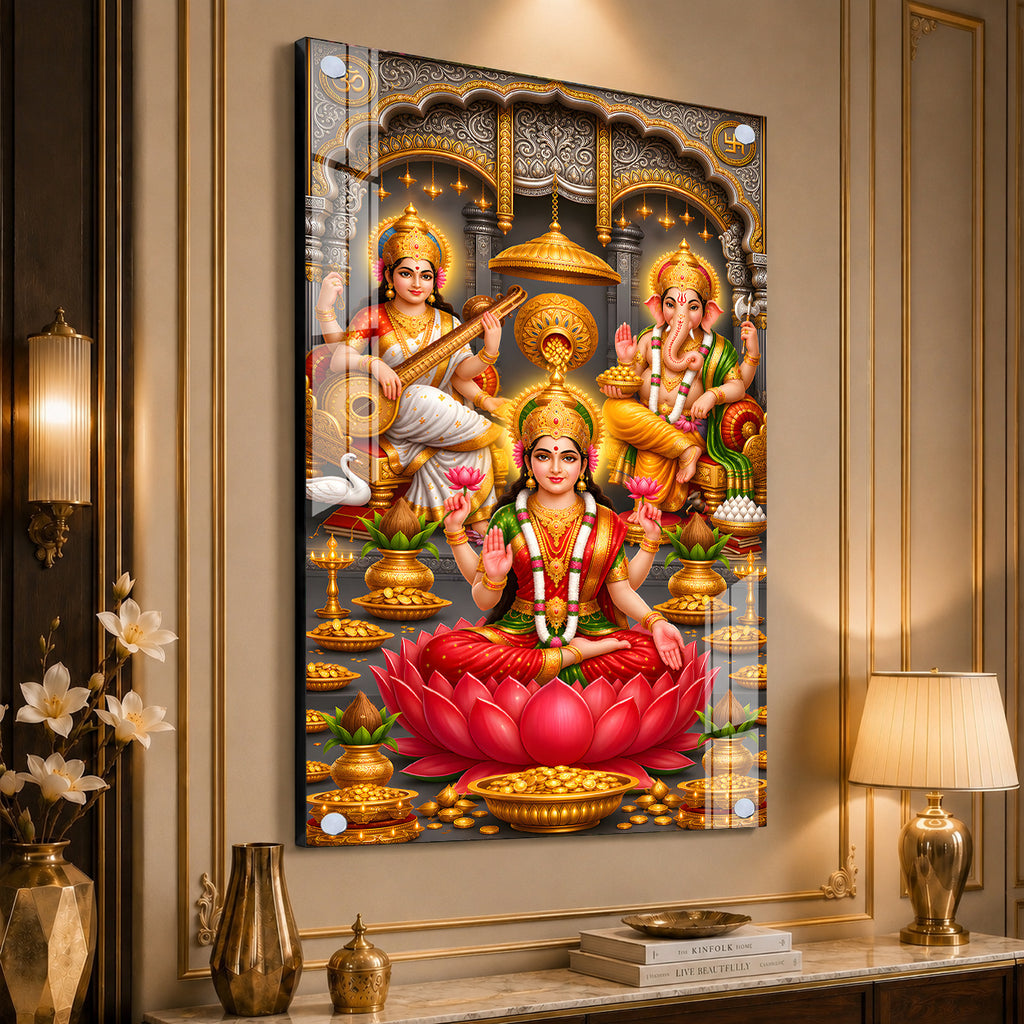 Luxury Acrylic Wall Decor Featuring Goddess Lakshmi, Lord Ganesha and Saraswati for Positive Energy Home