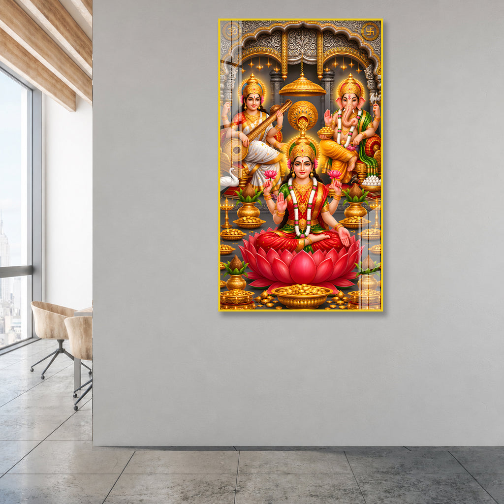 Luxury Acrylic Wall Decor Featuring Goddess Lakshmi, Lord Ganesha and Saraswati for Positive Energy Home