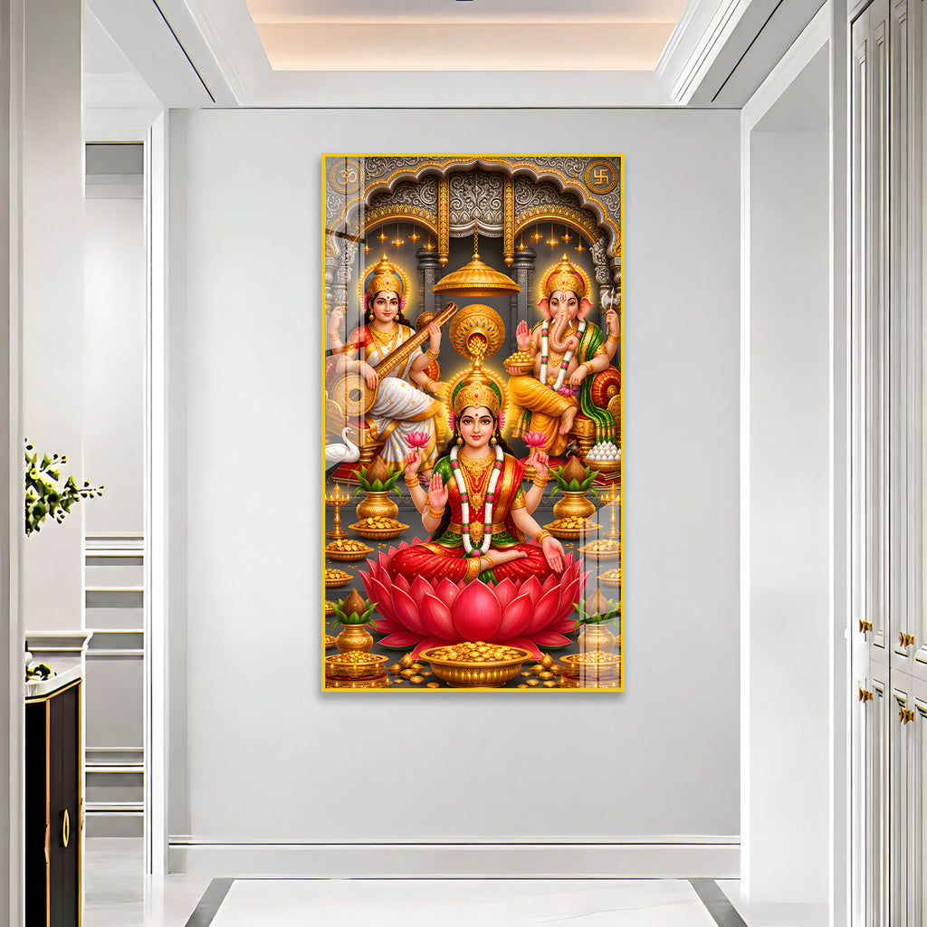 Luxury Acrylic Wall Decor Featuring Goddess Lakshmi, Lord Ganesha and Saraswati for Positive Energy Home