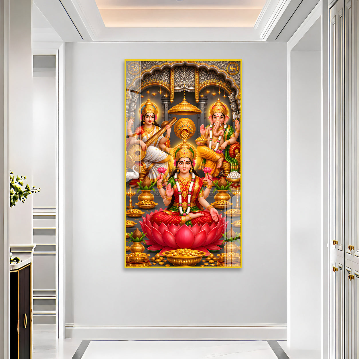 Luxury Acrylic Wall Decor Featuring Goddess Lakshmi, Lord Ganesha and Saraswati for Positive Energy Home