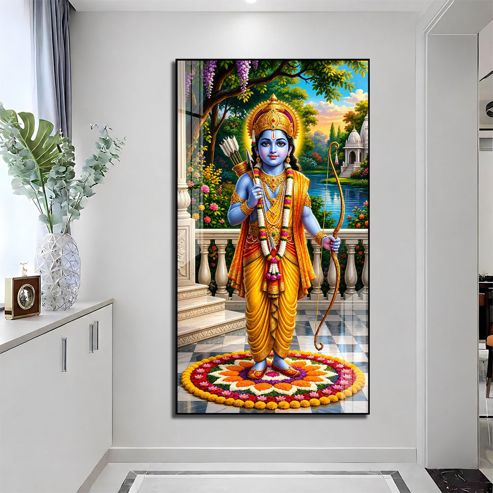 Shri Ram Acrylic Wall Painting with Floral Rangoli and Temple for Spiritual Home Decor