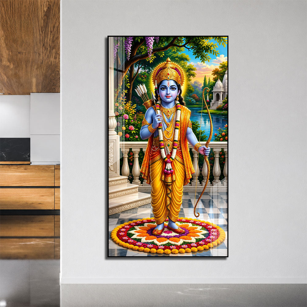 Shri Ram Acrylic Wall Painting with Floral Rangoli and Temple for Spiritual Home Decor