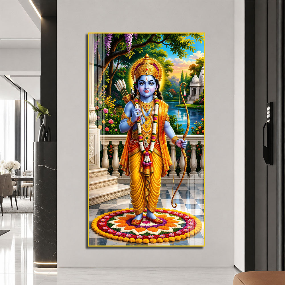 Shri Ram Acrylic Wall Painting with Floral Rangoli and Temple for Spiritual Home Decor