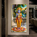 Shri Ram Acrylic Wall Painting with Floral Rangoli and Temple for Spiritual Home Decor