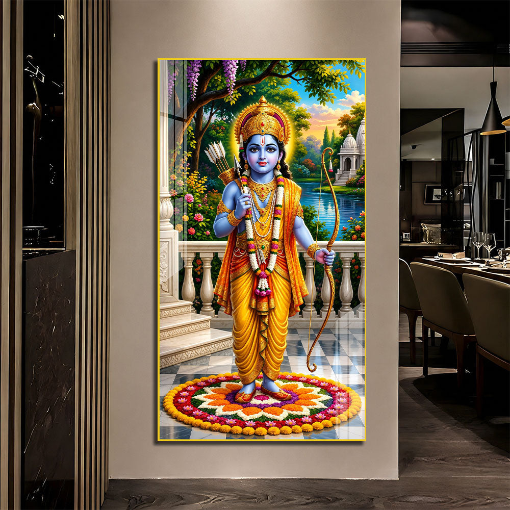 Shri Ram Acrylic Wall Painting with Floral Rangoli and Temple for Spiritual Home Decor