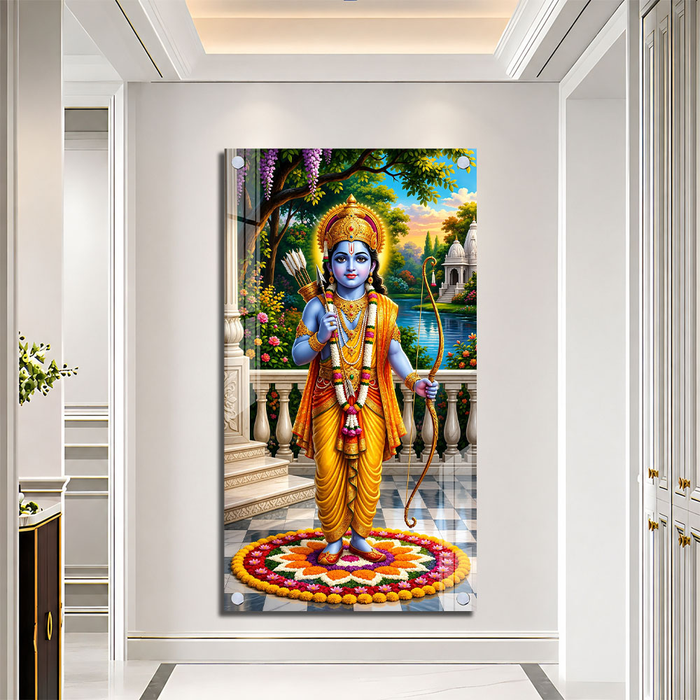 Shri Ram Acrylic Wall Painting with Floral Rangoli and Temple for Spiritual Home Decor