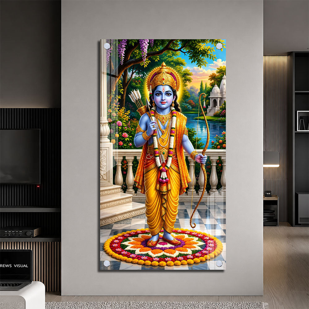 Shri Ram Acrylic Wall Painting with Floral Rangoli and Temple for Spiritual Home Decor