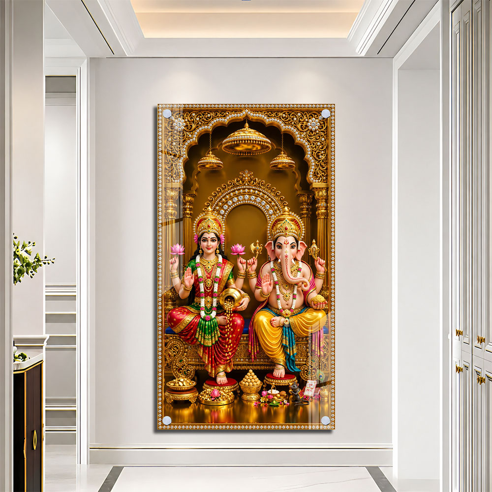 Goddess Lakshmi and Lord Ganesha Acrylic Wall Painting for Home Temple and Pooja Room Decor