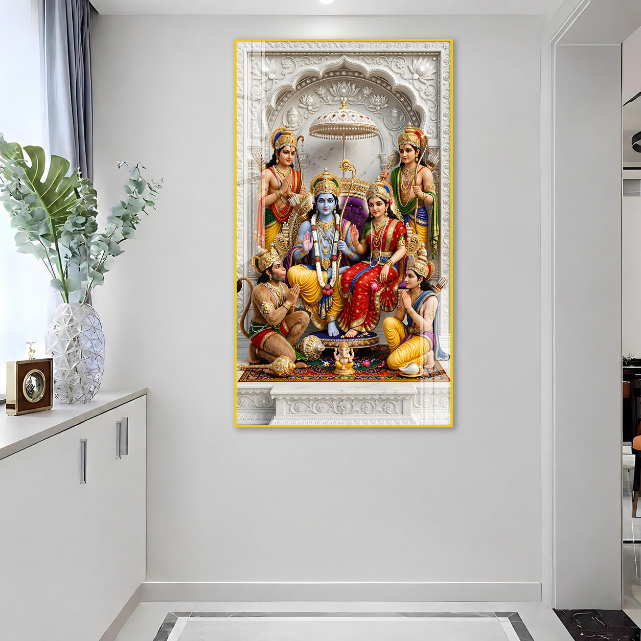 Premium Lord Ram Sita Lakshman Hanuman Acrylic Wall Decor with Marble Temple Background