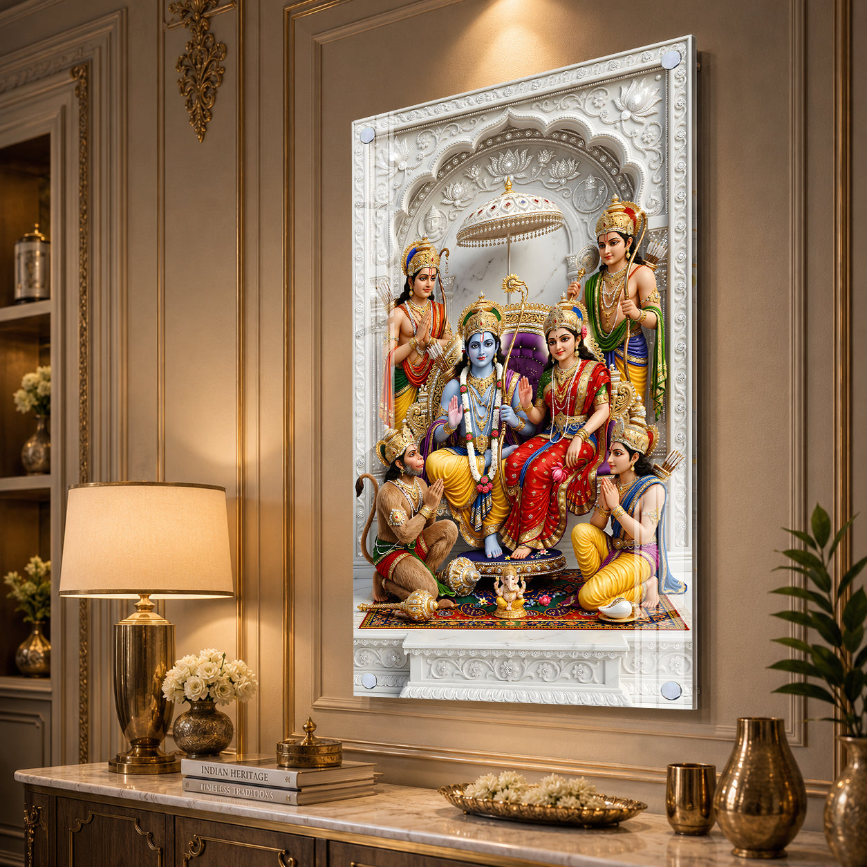 Premium Lord Ram Sita Lakshman Hanuman Acrylic Wall Decor with Marble Temple Background