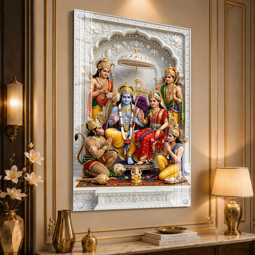 Premium Lord Ram Sita Lakshman Hanuman Acrylic Wall Decor with Marble Temple Background