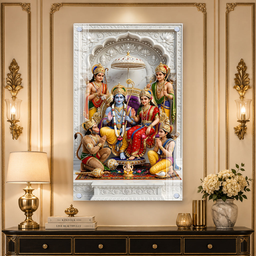 Premium Lord Ram Sita Lakshman Hanuman Acrylic Wall Decor with Marble Temple Background