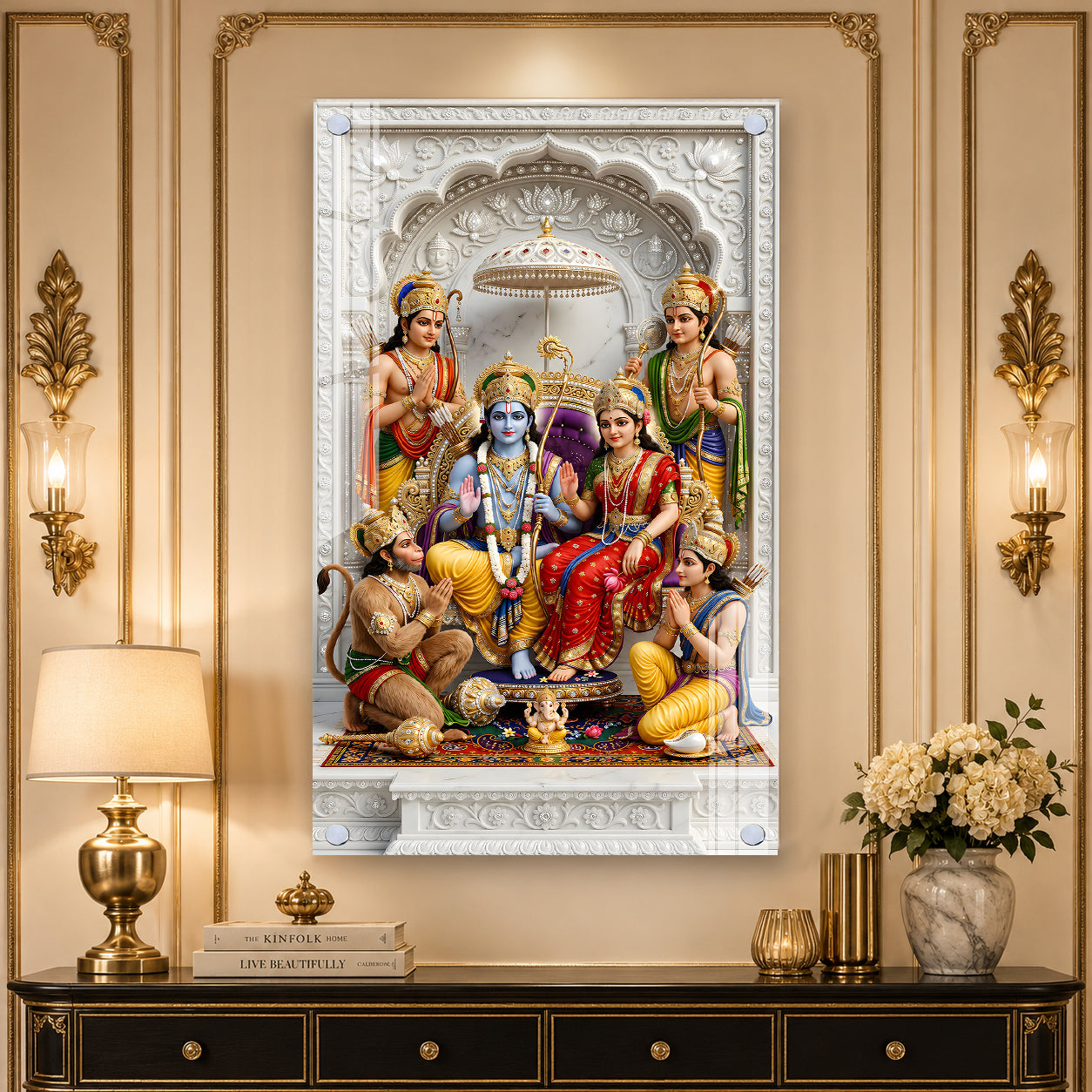 Premium Lord Ram Sita Lakshman Hanuman Acrylic Wall Decor with Marble Temple Background