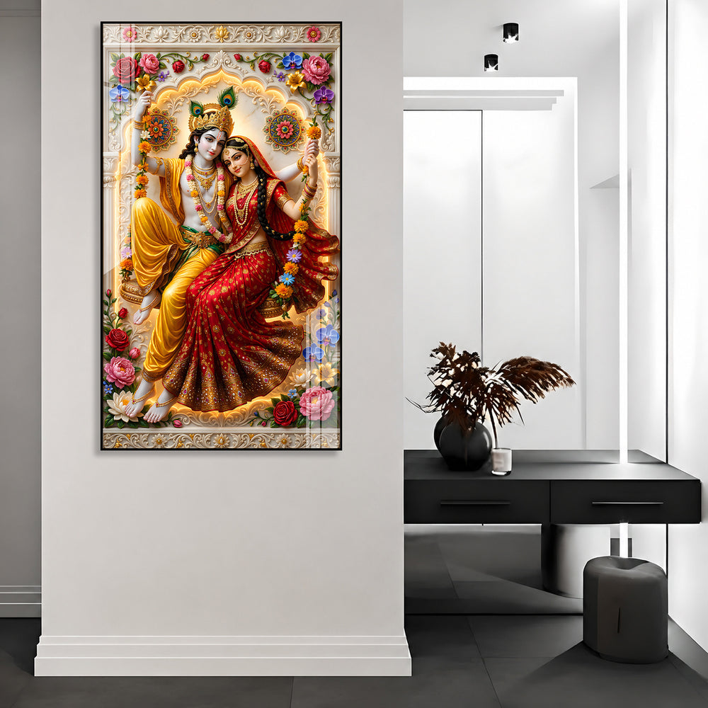 Luxury Radha Krishna Jhula Acrylic Wall Art for Living Room and Pooja Room Decor