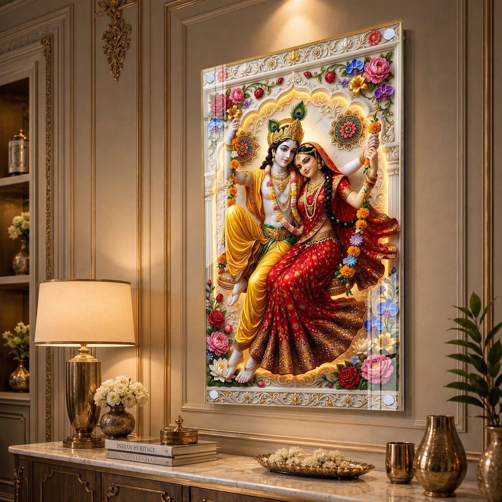 Luxury Radha Krishna Jhula Acrylic Wall Art for Living Room and Pooja Room Decor
